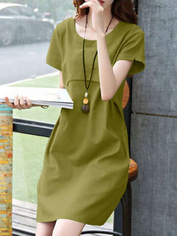 Women Casual Dresses | Solid Short Sleeve Pocket Casual Crew Neck Dress - AX71567