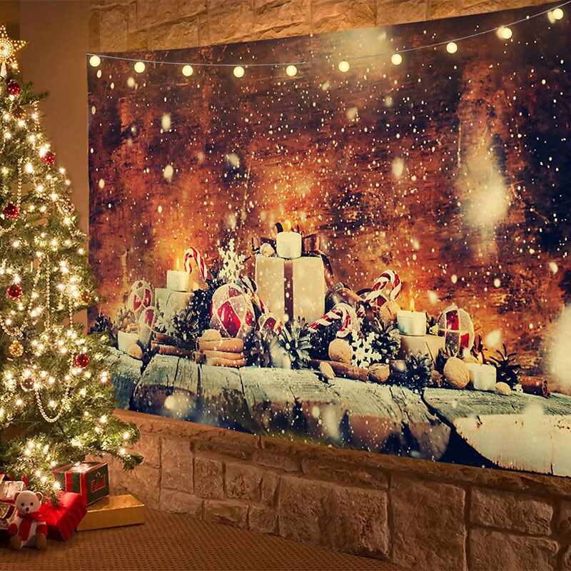 Christmas Decor LED Lights Wall Tapestry Santa Claus Christmas Tree Print