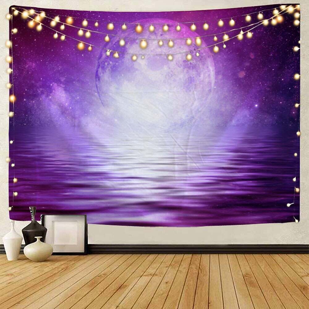 Moon Sea Sky Wall Tapestry Art Decor Landscape Full Night Ocean Cloud