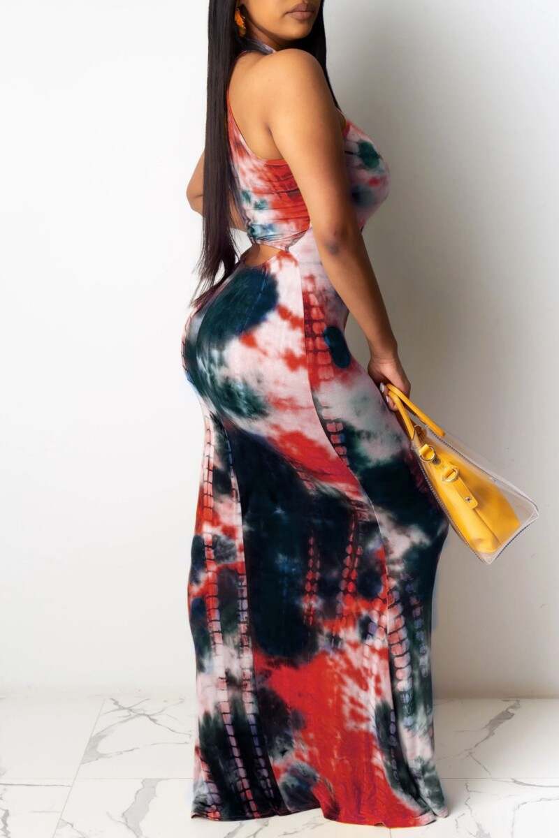 Yellow Fashion Sexy Print Tie-dye O Neck Sleeveless Dress