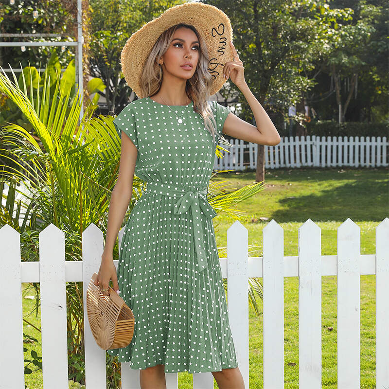 Polka-dot pleated midi dress