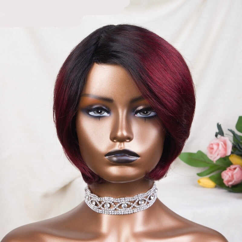 Ombre Burgundy Short Bob Wig With Bangs