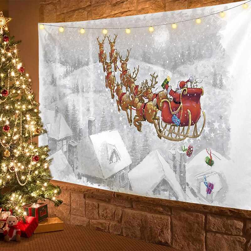 Christmas Decor LED Lights Wall Tapestry Snow Forest Christmas Tree Print