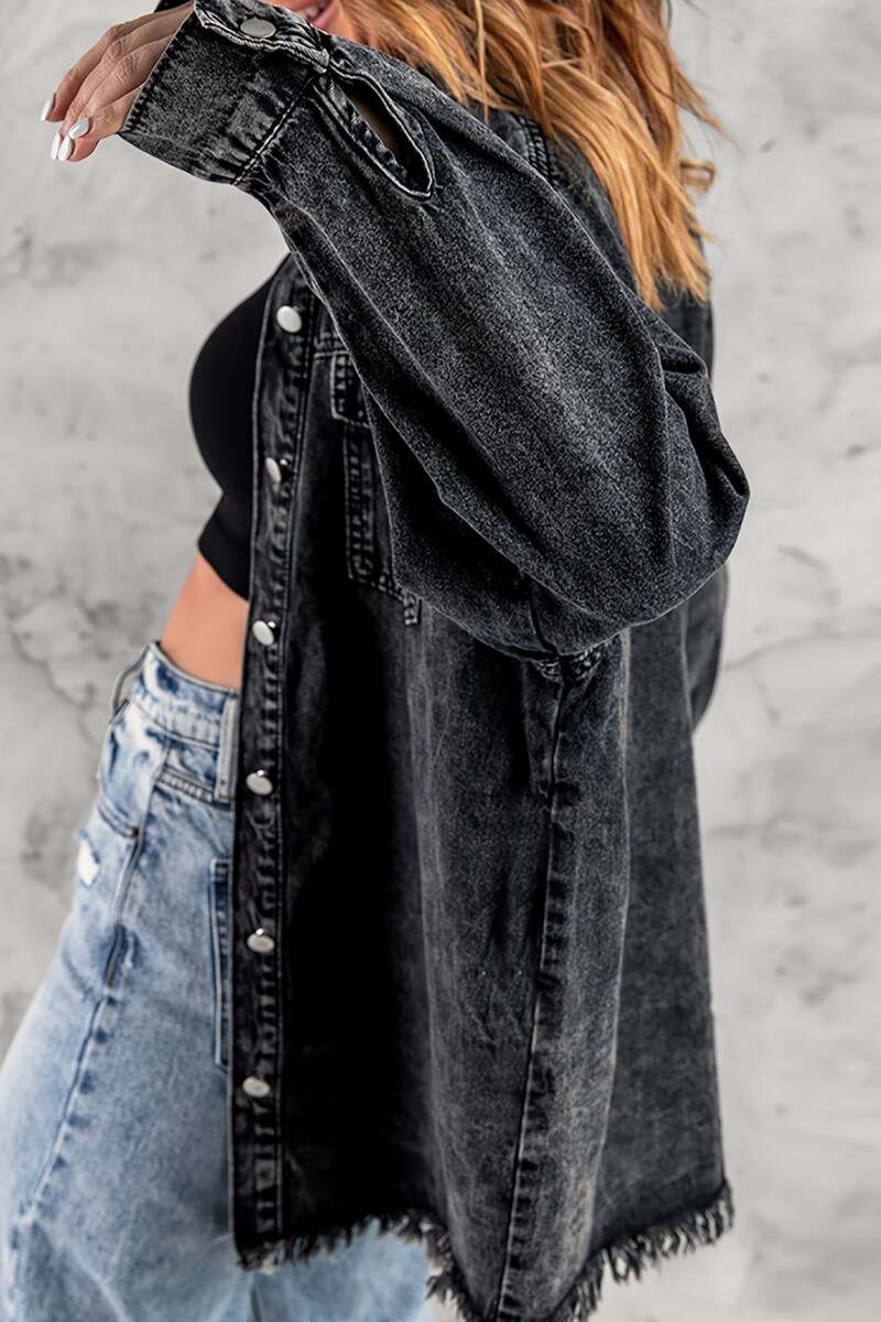 Black Casual Solid Patchwork Cardigan Turndown Collar Long Sleeve Regular Denim Jacket