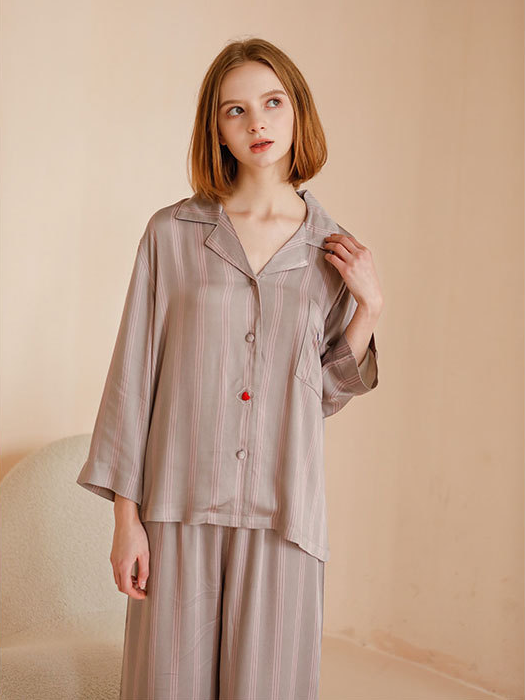 Striped Simple Shawl Collar Loose Long Sleeve Pajama Set