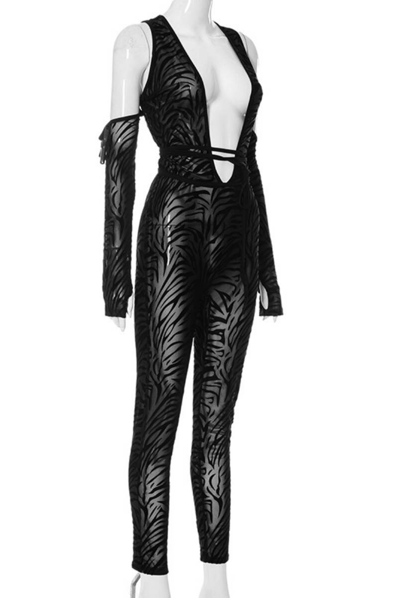 Black Sexy Print Backless V Neck Skinny Jumpsuits