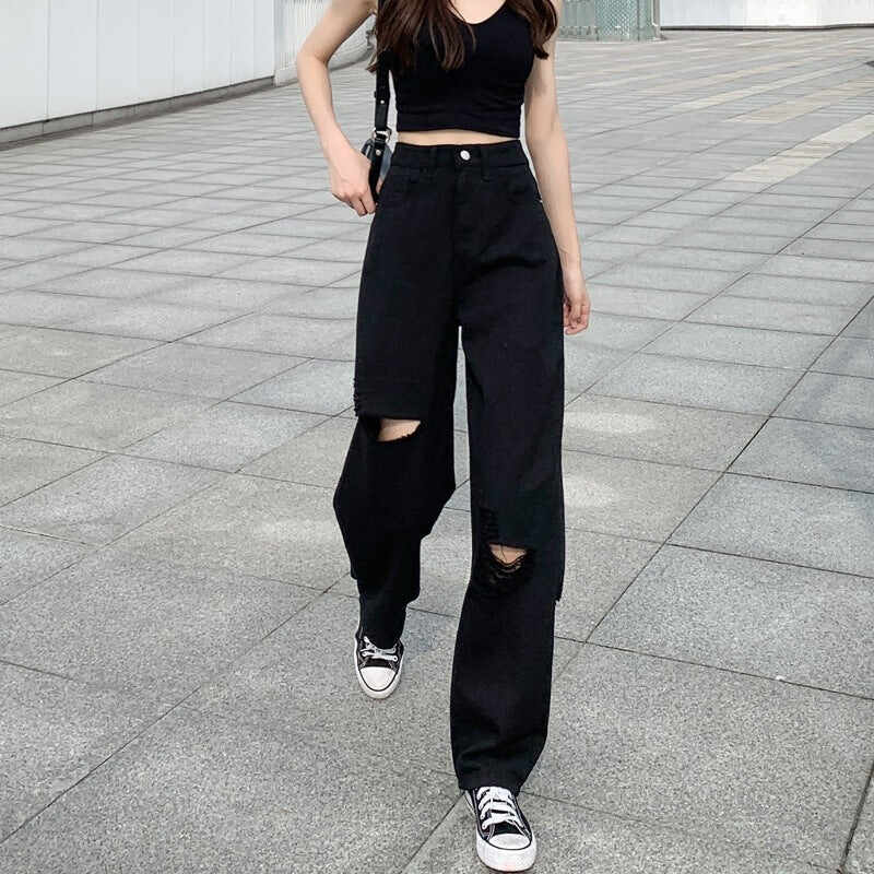 Black Wide Leg Ripped Summer Jeans