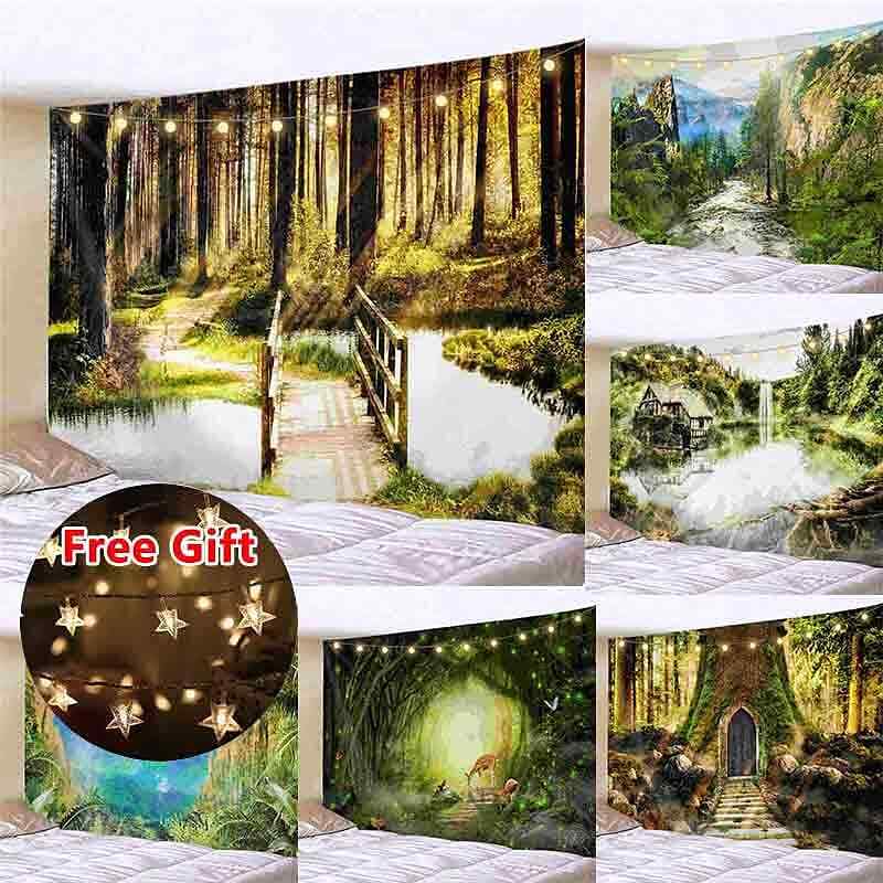 Landscape LED Lights Wall Tapestry Art Decor Forest Tree Print