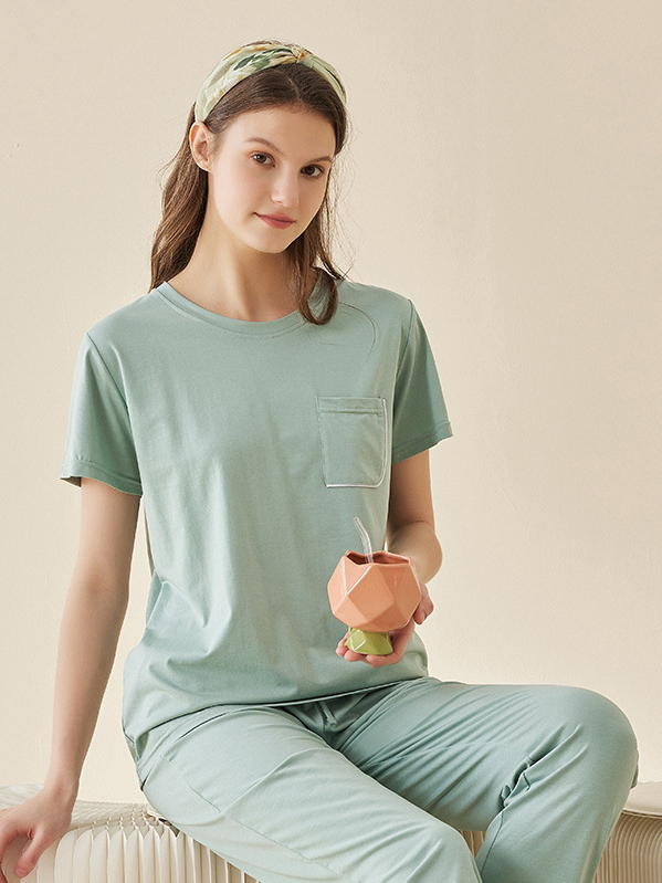 Simple Plain Loose Crew Neck Short Sleeve Pajama Set