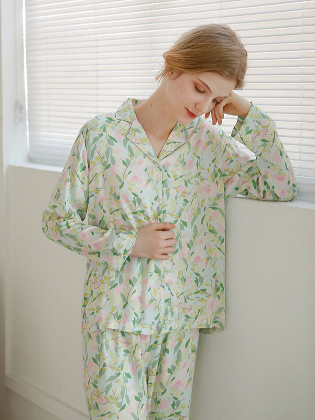 Floral Casual V Neck Regular Fit Long Sleeve Pajama Set