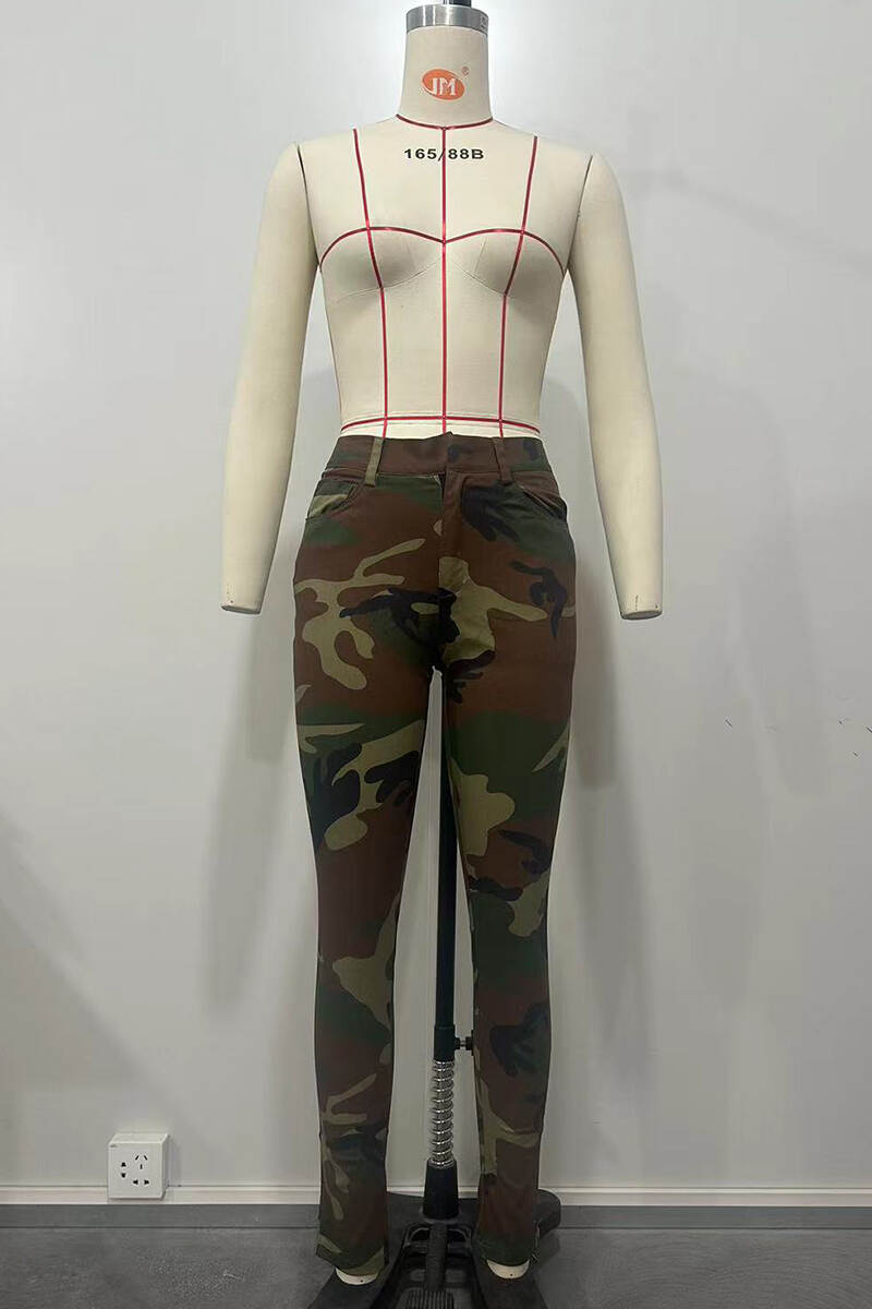 Camouflage Casual Sweet Camouflage Print Patchwork Pocket Buttons Zipper Skinny Mid Waist Conventional Full Print Bottoms