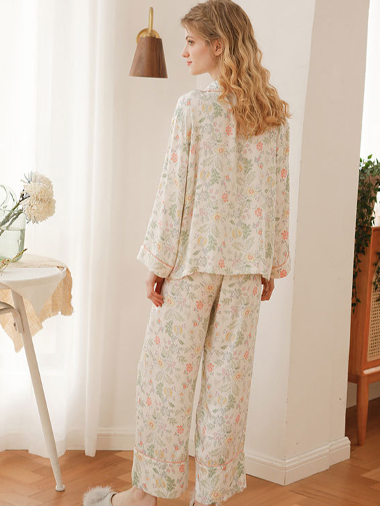 Elegant V Neck Floral Loose Long Sleeve Pajama Set