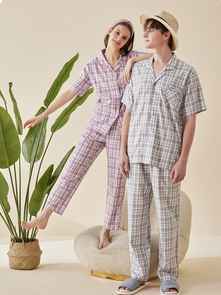 Plaid Cotton Casual V Neck Short Sleeve Couple Pajama Set