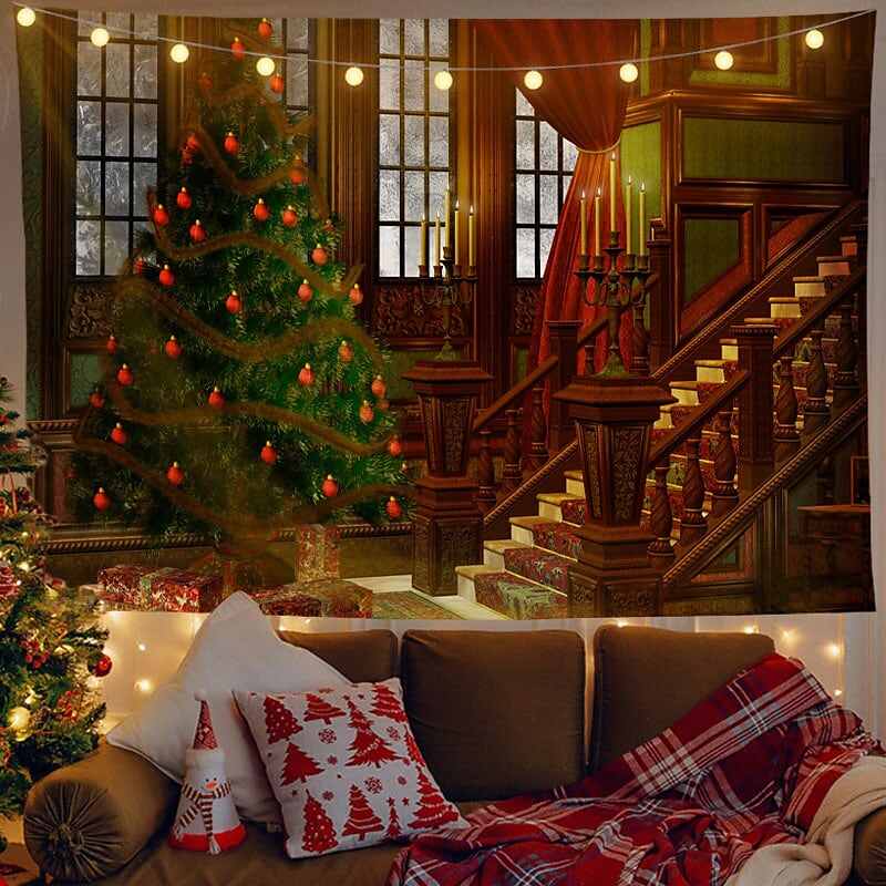 Christmas Decor LED Lights Wall Tapestry Santa Claus Christmas Tree Print