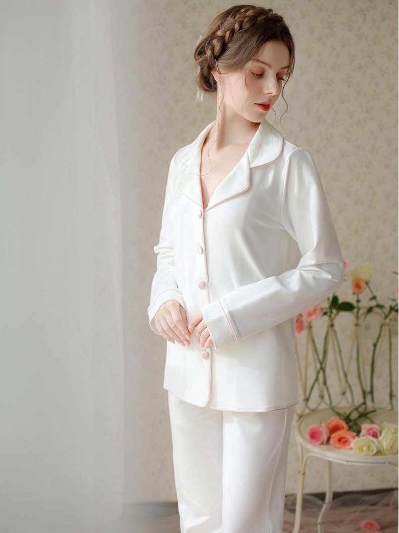 Cotton Elegant V Neck Plain  Long Sleeve Pajama Set