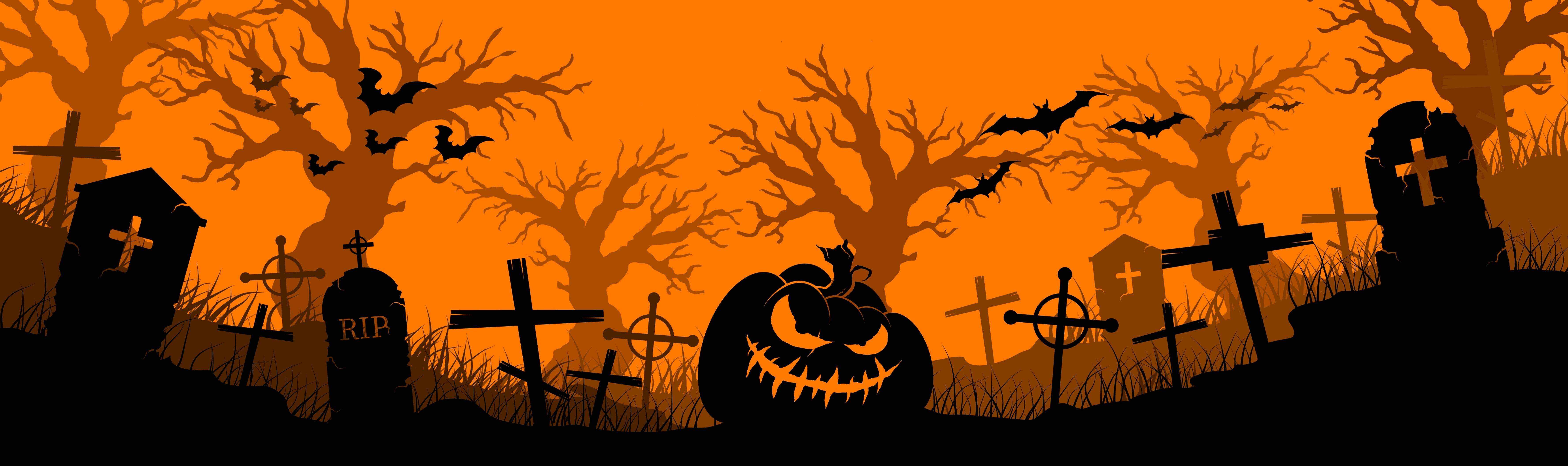 Happy Halloween banner. Halloween pumpkins and bats. Vector illustrati