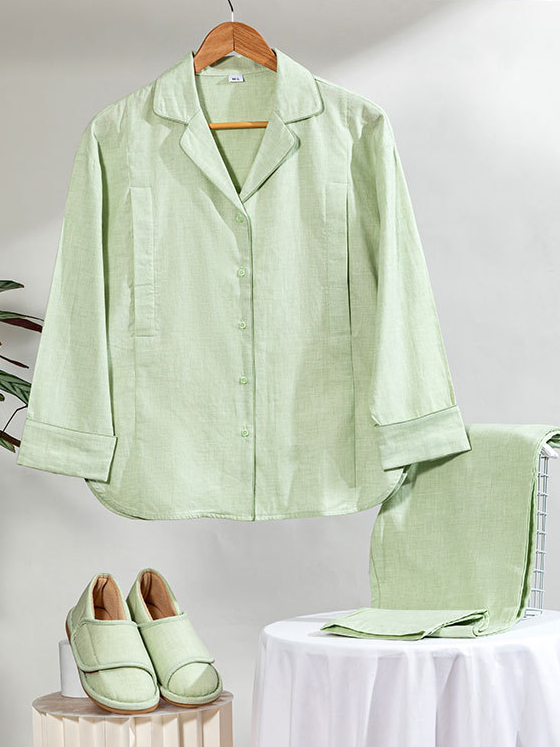 Casual Plain Regular Sleeve Shawl Collar Cotton Long Sleeve Pajama Set