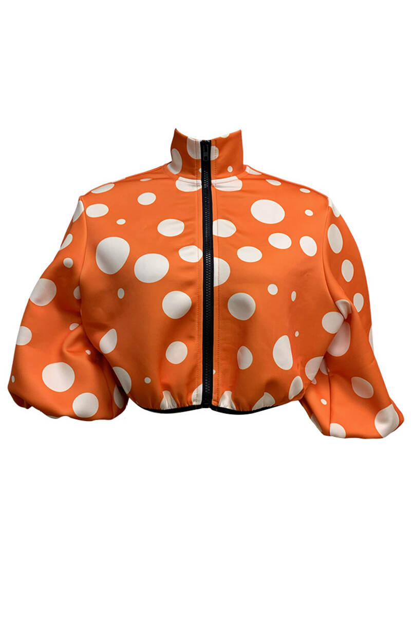 Orange Casual Print Patchwork Mandarin Collar Outerwear