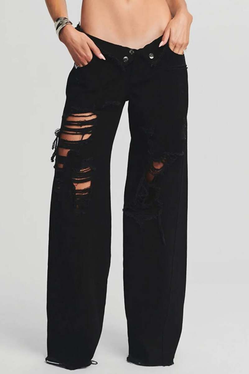 Black Casual Solid Ripped Patchwork Mid Waist Regular Denim Jeans (Subject To The Actual Object)