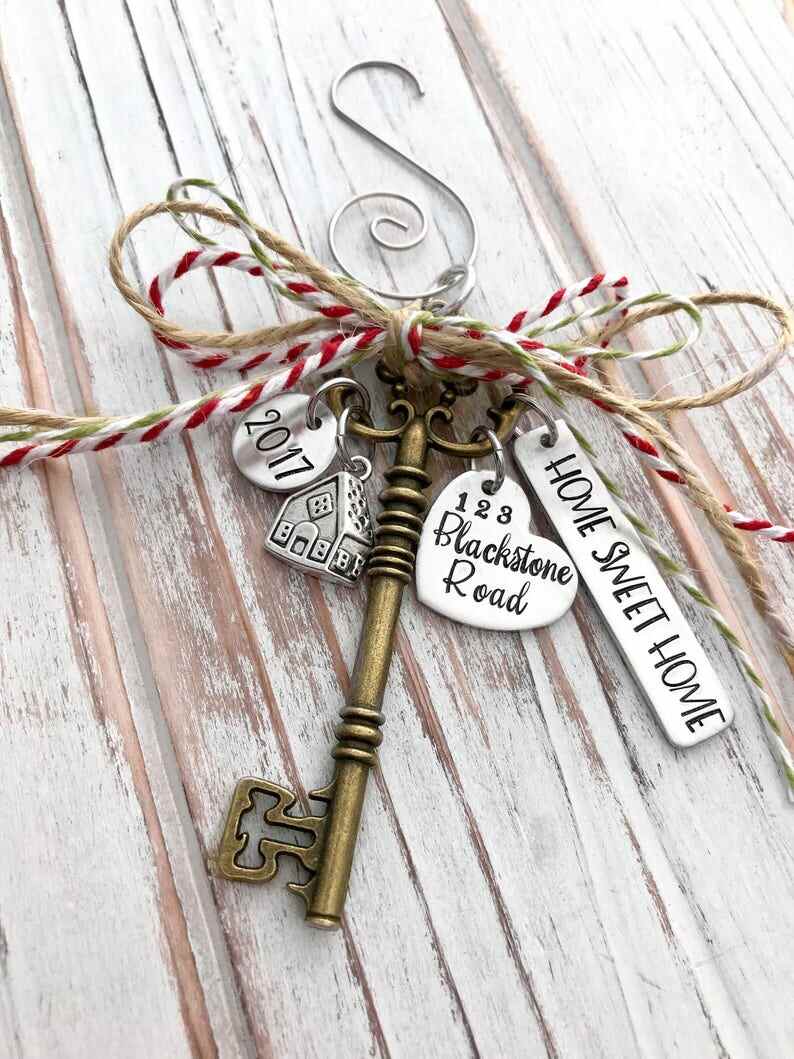 Home Sweet Home - Custom Christmas Ornament - House - Family - Housewarming Gift - First - New Home - Hand Stamped - Bronze Skeleton Key