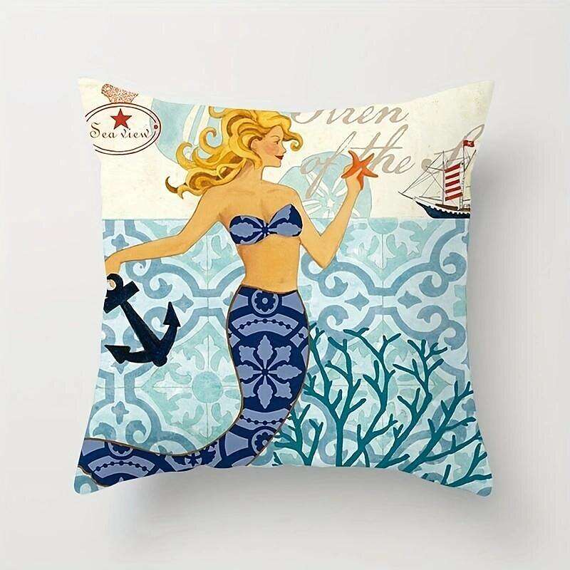 Mermaid Ocean Double Side Pillow Cover 4PC Summer Soft Decorative Square Cushion Case Pillowcase for Bedroom Livingroom Sofa Couch Chair