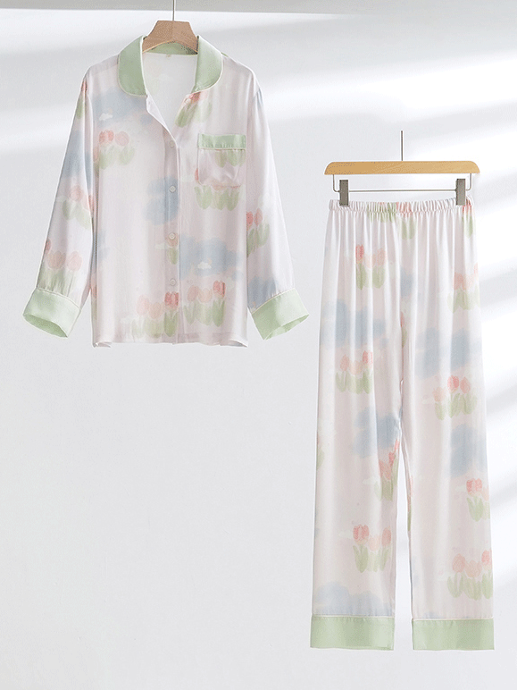 Simple Floral Loose Shawl Collar Long Sleeve Pajama Set