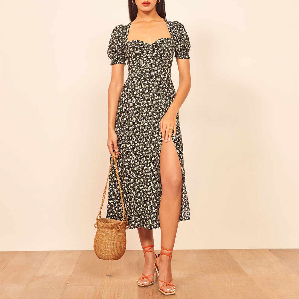 Slim Print Square Neck Slit Dress