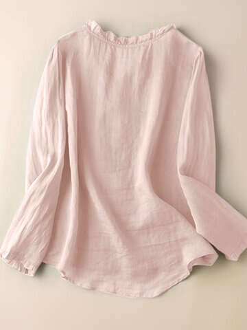 Women Blouses & Shirts | Solid Ruffle Trim V-neck Button Front Long Sleeve Blouse - KK60369