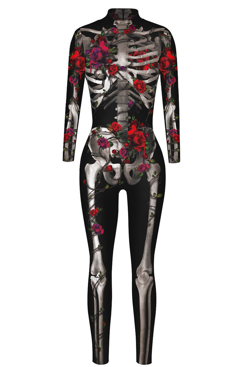 Rose Red Sexy Print Patchwork Zipper O Neck Skinny Jumpsuits