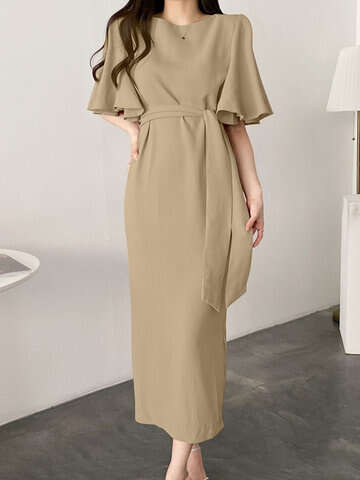 Women Casual Dresses | Solid Bell Sleeve Belt V-neck Casual Dress For Women - AM18598