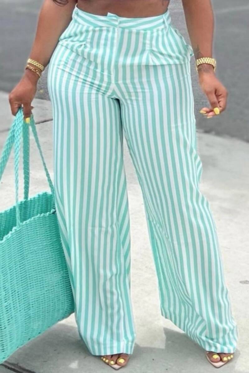 Cyan Casual Striped Print Patchwork Regular High Waist Conventional Full Print Trousers