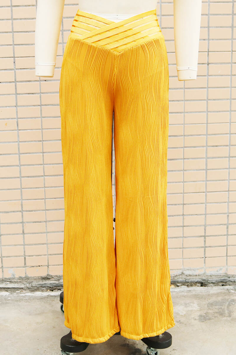 Yellow Casual Solid Patchwork Regular High Waist Conventional Solid Color Trousers