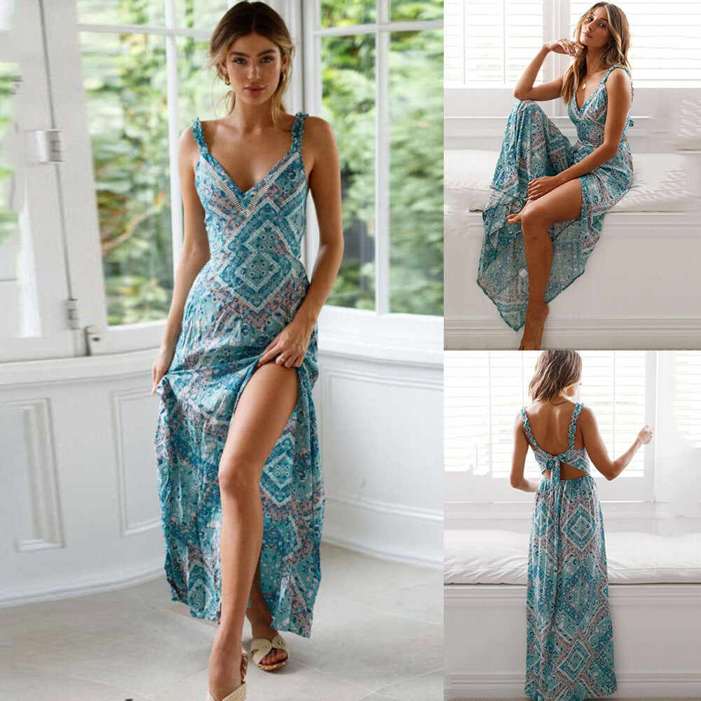 Sexy V-neck Printed Lace Slit Long dress