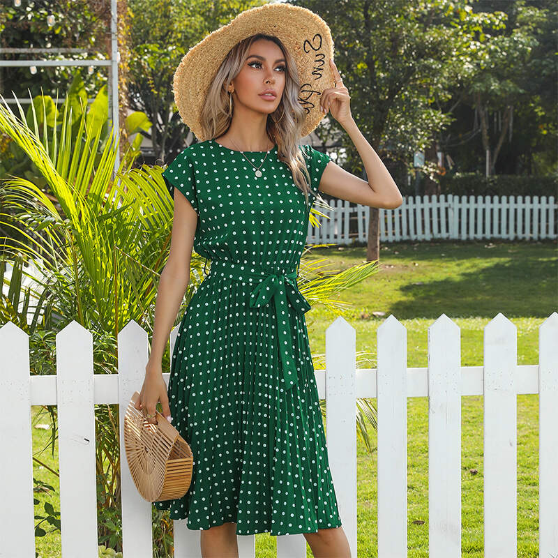 Polka-dot pleated midi dress