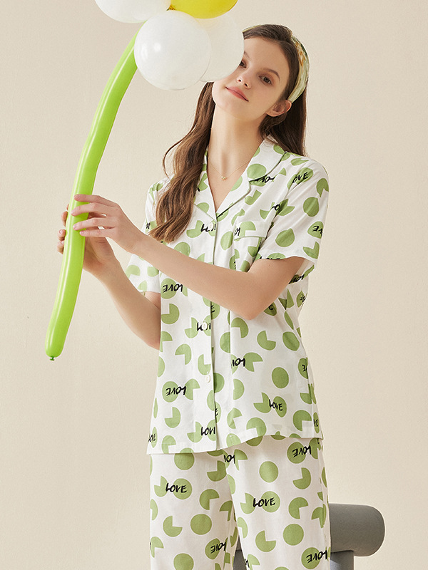 Cotton V Neck Simple Polka Dots Regular Sleeve Pajama Set