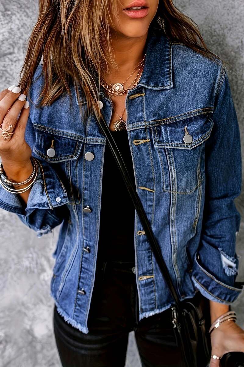 Blue Casual Solid Ripped Patchwork Cardigan Turndown Collar Long Sleeve Regular Denim Jacket