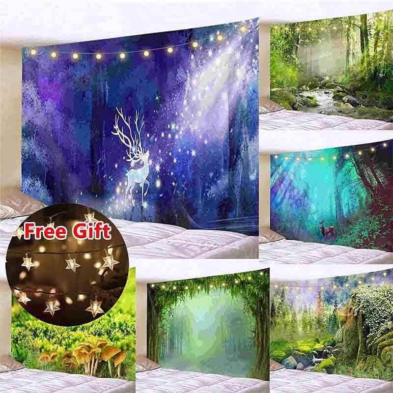 Landscape LED Lights Wall Tapestry Art Decor Forest River Waterfall Print