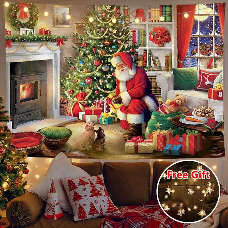 Christmas Decor LED Lights Wall Tapestry Santa Claus Print