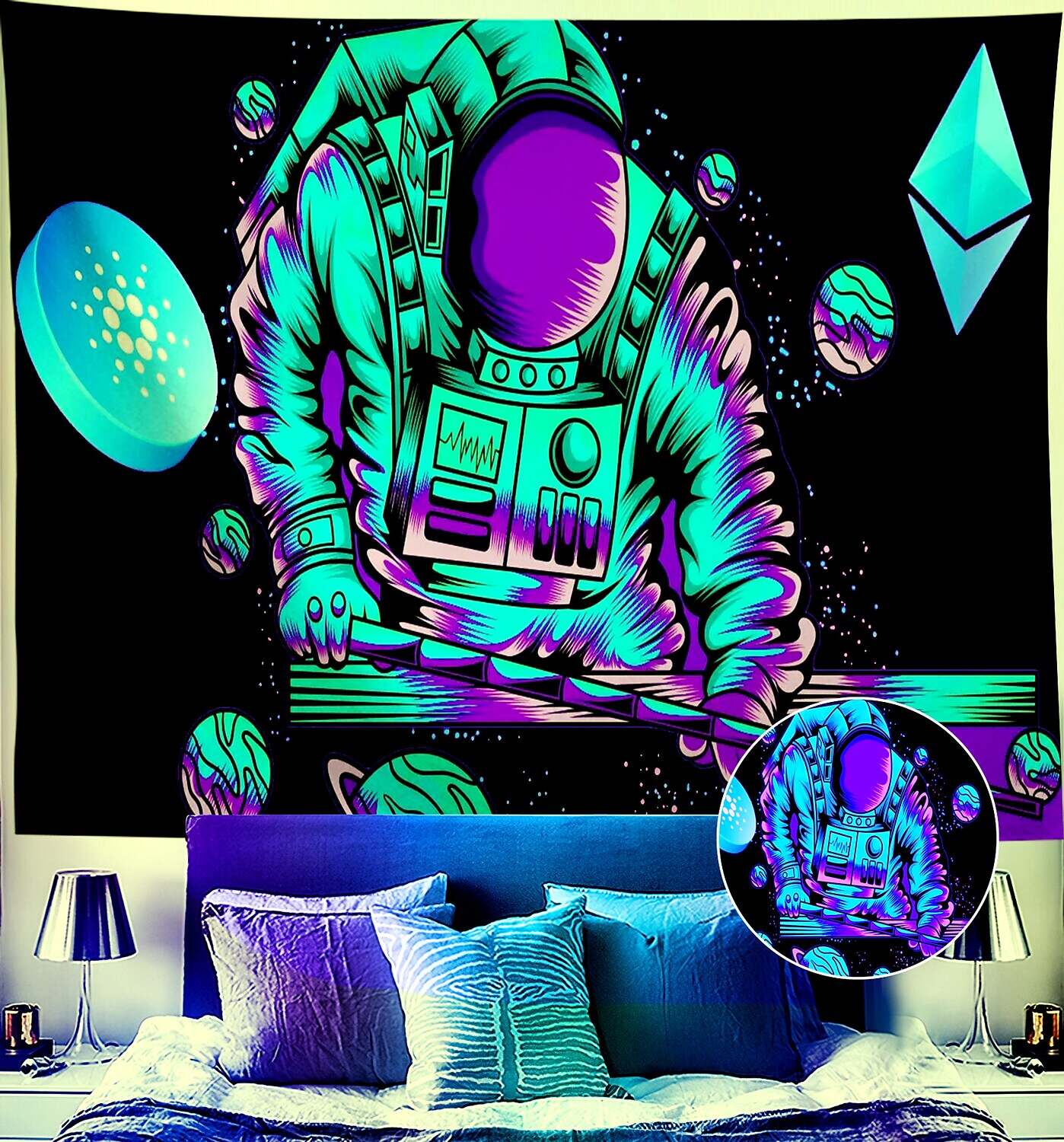 Astronaut Blacklight UV Reactive Wall Tapestry Trippy Psychedelic