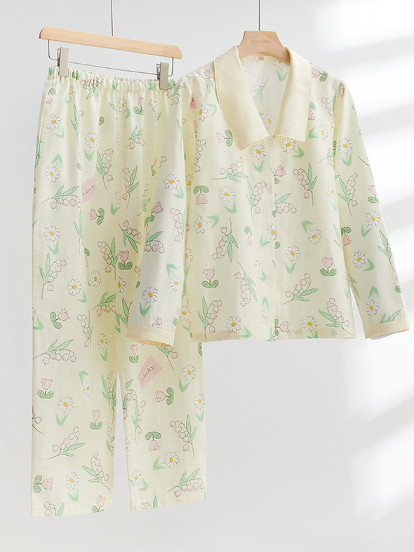 Simple Regular Long Sleeve Floral Cotton Regular Fit Pajama Set