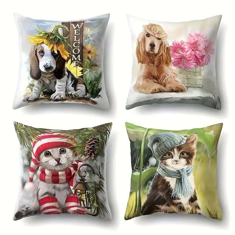 Animal Dog Cat Double Side Cushion Cover 4PC Soft Decorative Square Throw Pillow Cover Cushion Case Pillowcase for Bedroom Livingroom Superior Quality Machine Washable Indoor Cushion for Sofa Couch Bed Chair