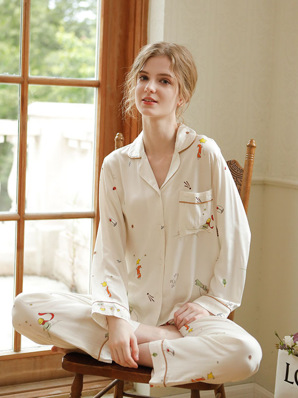 Shawl Collar Simple Star Regular Fit Long Sleeve Pajama Set