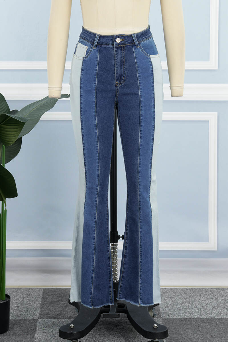 Blue Casual Patchwork Contrast High Waist Skinny Denim Jeans (Subject To The Actual Object)