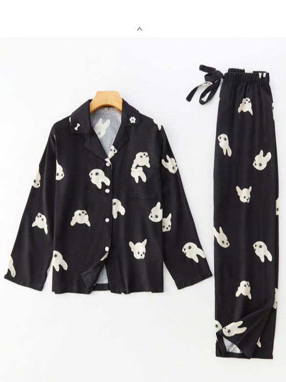 Animal Shawl Collar Simple Regular Fit Long Sleeve Pajama Set