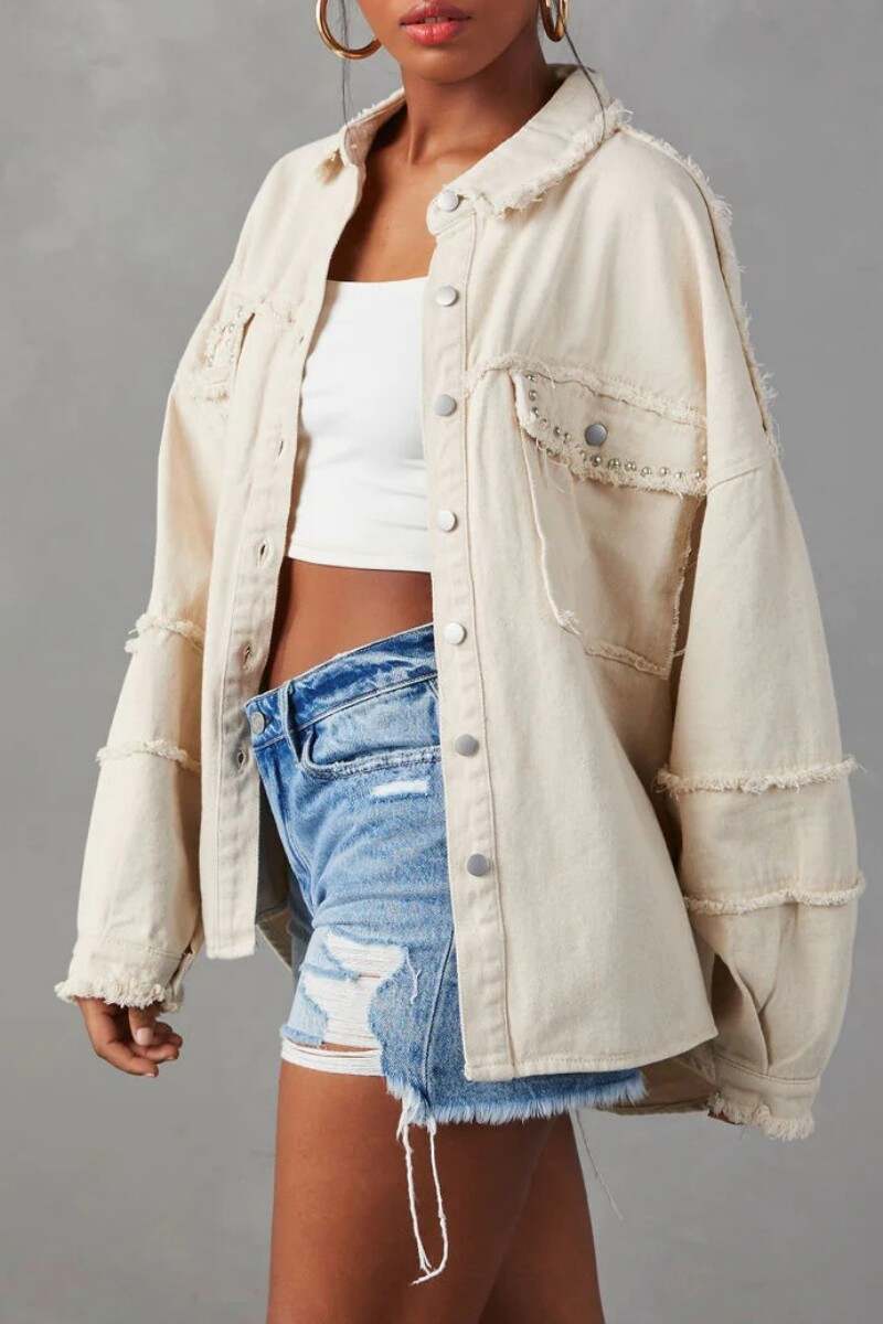 Apricot Casual Solid Patchwork Turndown Collar Long Sleeve Regular Denim Jacket