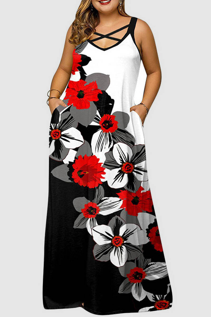 Black Red Casual Print Backless Spaghetti Strap Long Dress Dresses