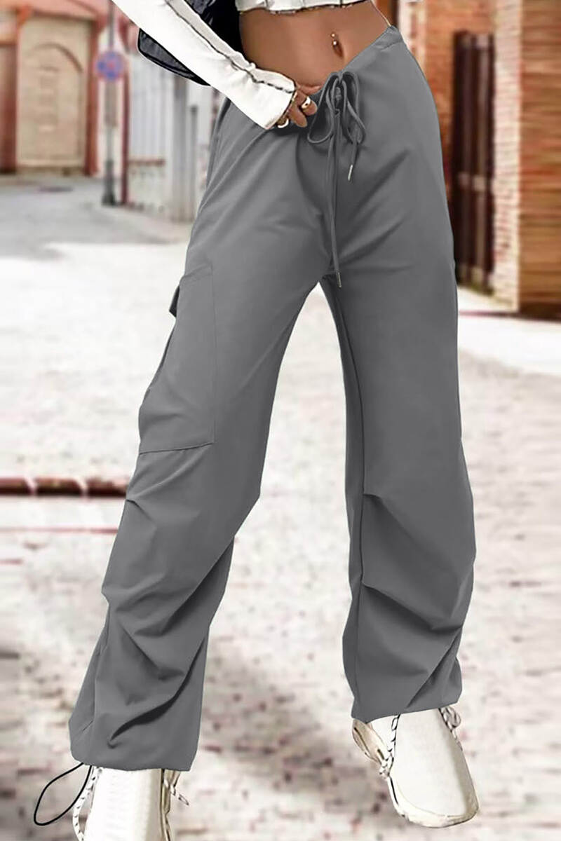 Grey Street Solid Patchwork Draw String Pocket Straight High Waist Straight Solid Color Bottoms