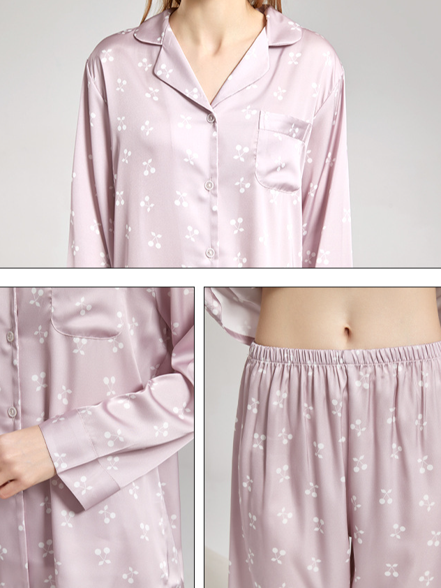 Elegant Ice Silk Floral V Neck Long Sleeve Pajama Set