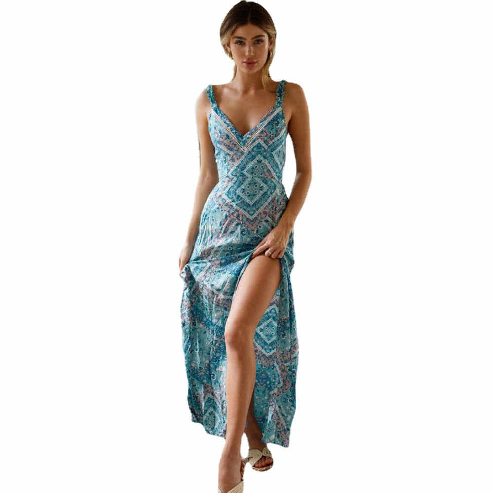 Sexy V-neck Printed Lace Slit Long dress