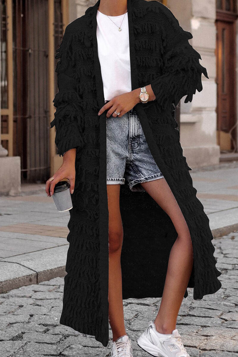 Black Sweet Solid Tassel Patchwork Cardigan Collar Outerwear